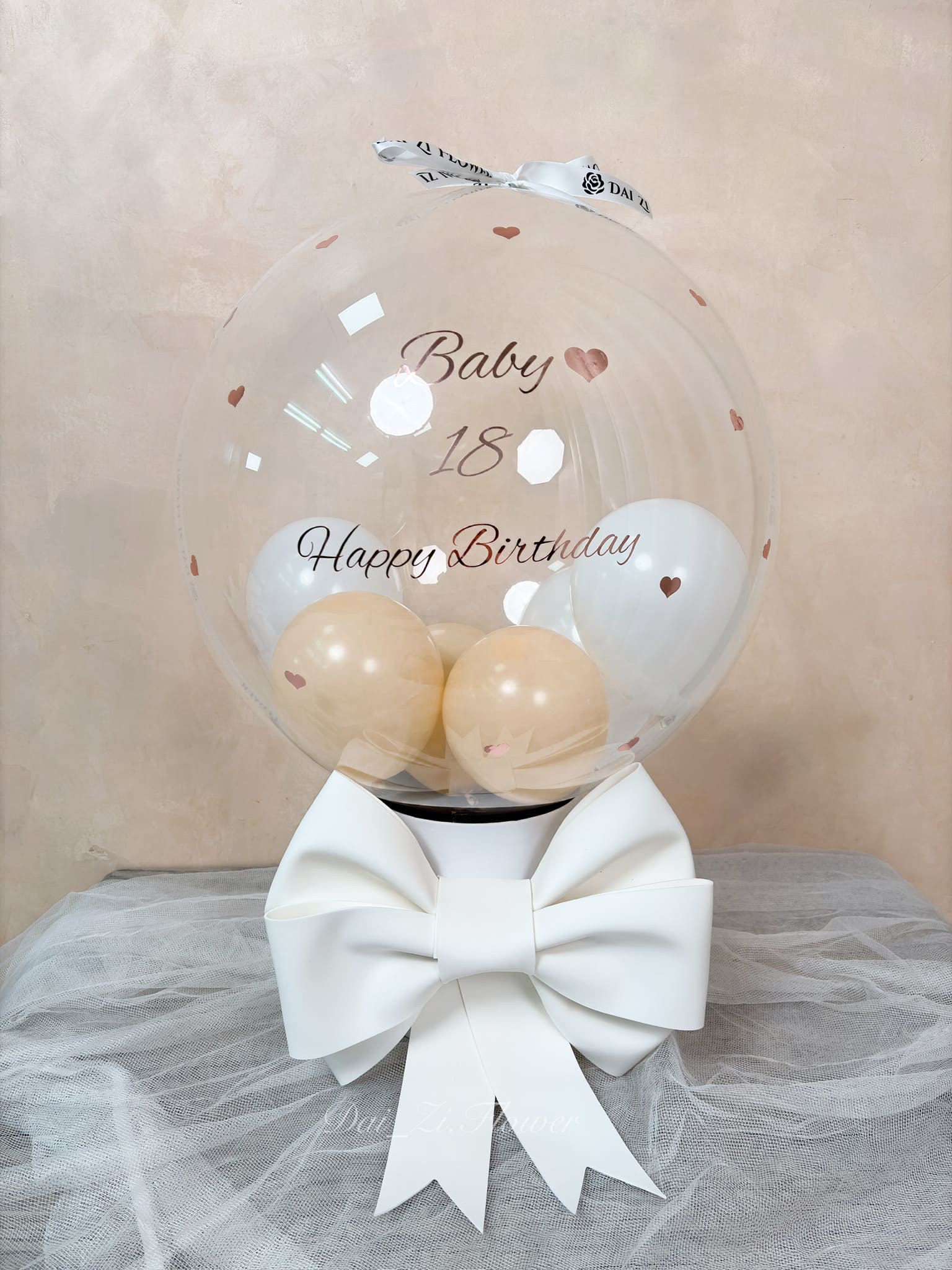 台北照片氣球推薦-Baby 18 Happy Birthday-精品白色系拉照片氣球-DAIZI代紫花藝