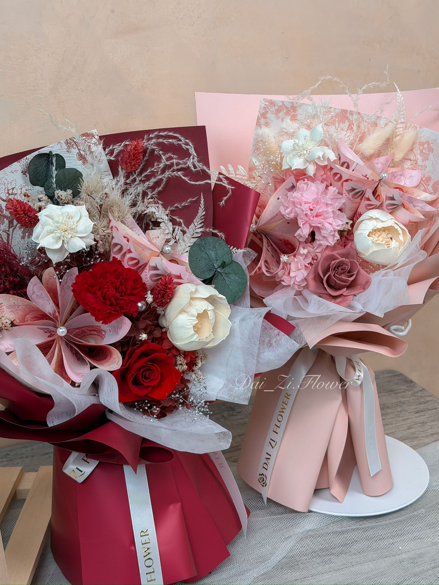 頂級永生花材細節-高品質進口永生玫瑰與康乃馨-台北客製化精品花束DAIZI代紫花藝