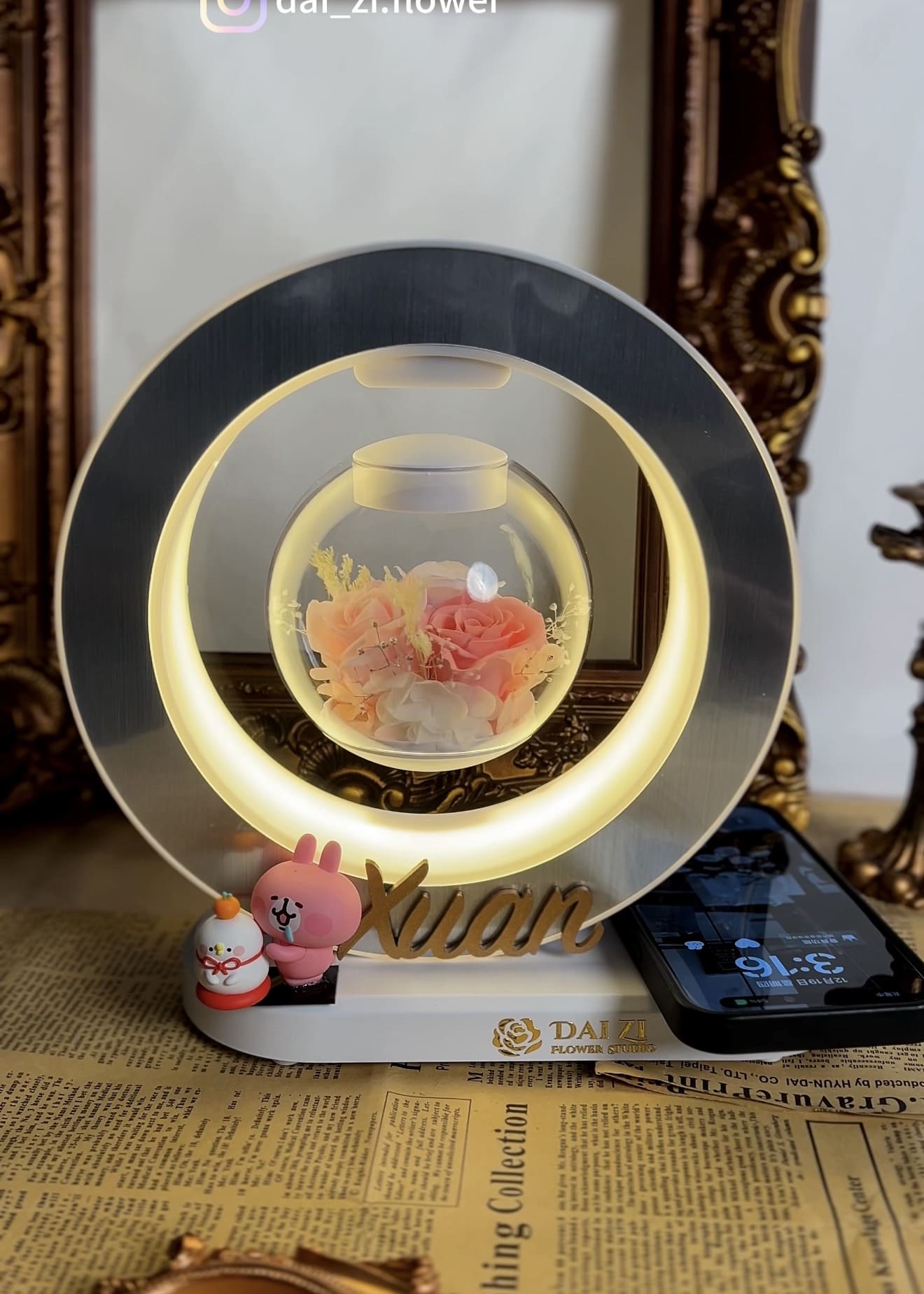 磁懸浮永生花球無線充電燈-客製化姓名立牌-卡娜赫拉公仔-台北高質感花禮