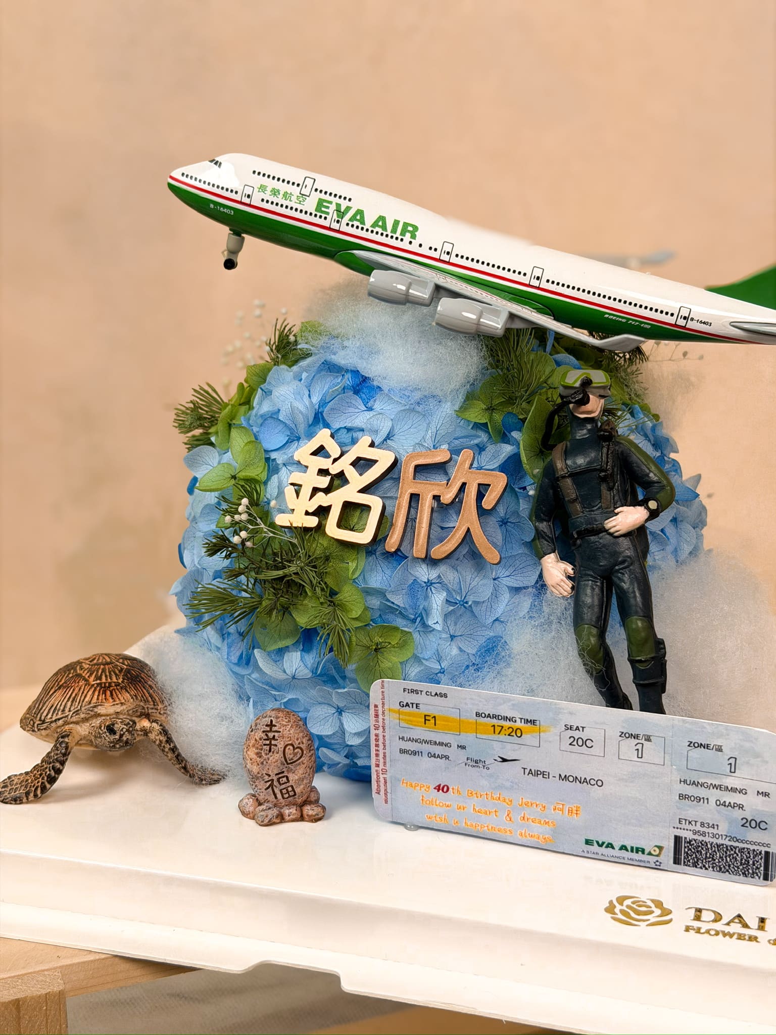 台北生日禮物推薦:結合客製化機票、潛水員與飛機模型的全客製化永生花地球,DAIZI代紫花藝展現精品花藝細節,新北與雙北高質感客製化花禮首選。