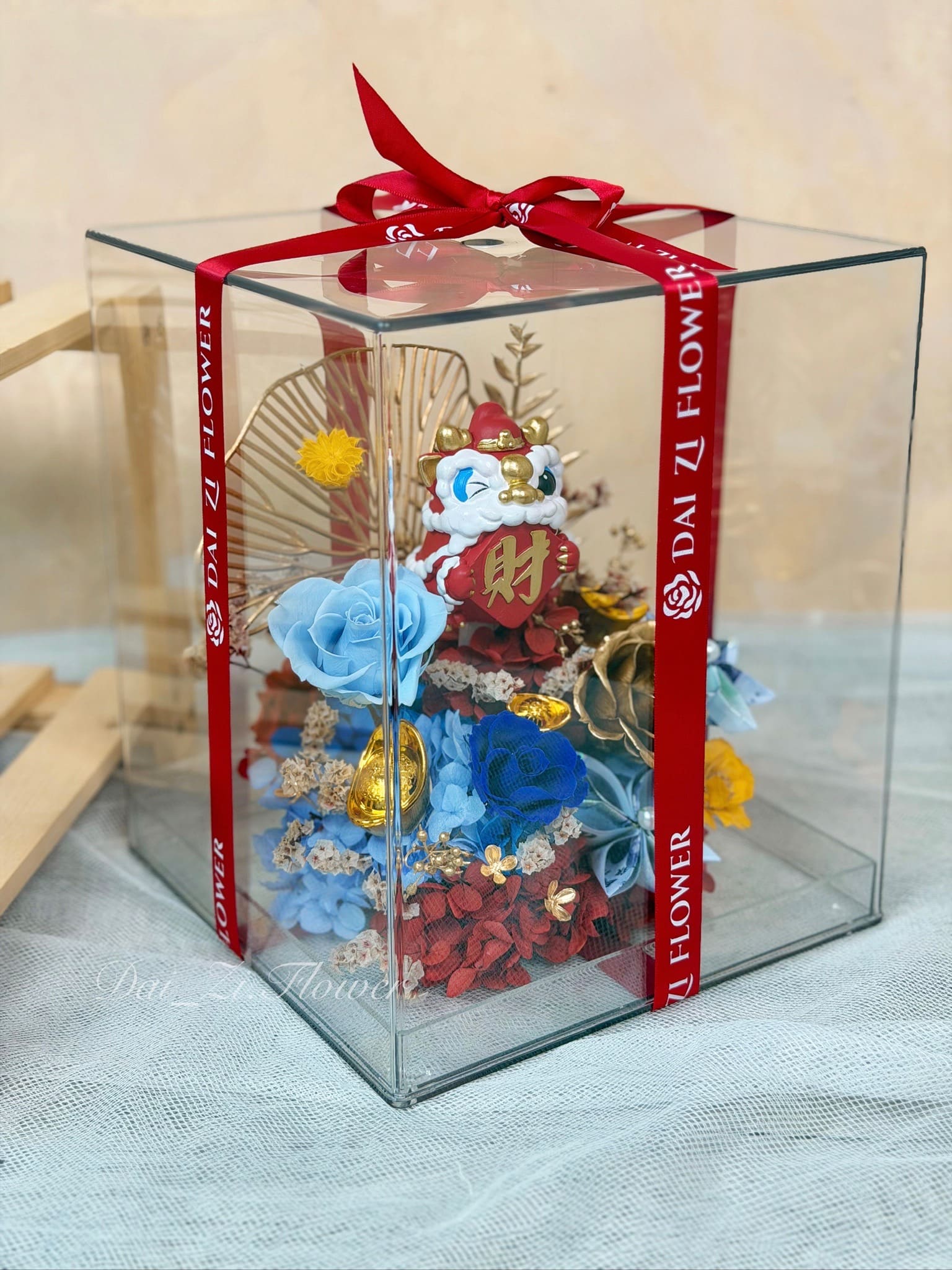 開幕花禮透明禮盒包裝｜獅納千金永生花開幕花籃 壓克力禮盒醒獅永生花開業送禮 台北高端花禮推薦 DaiZi 代紫花藝