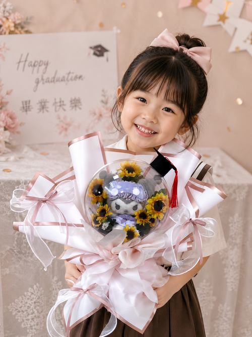 幼稚園畢業水晶球娃娃花束，Kuromi戴學士帽搭配向日葵，台北客製畢業禮物｜代紫花藝
